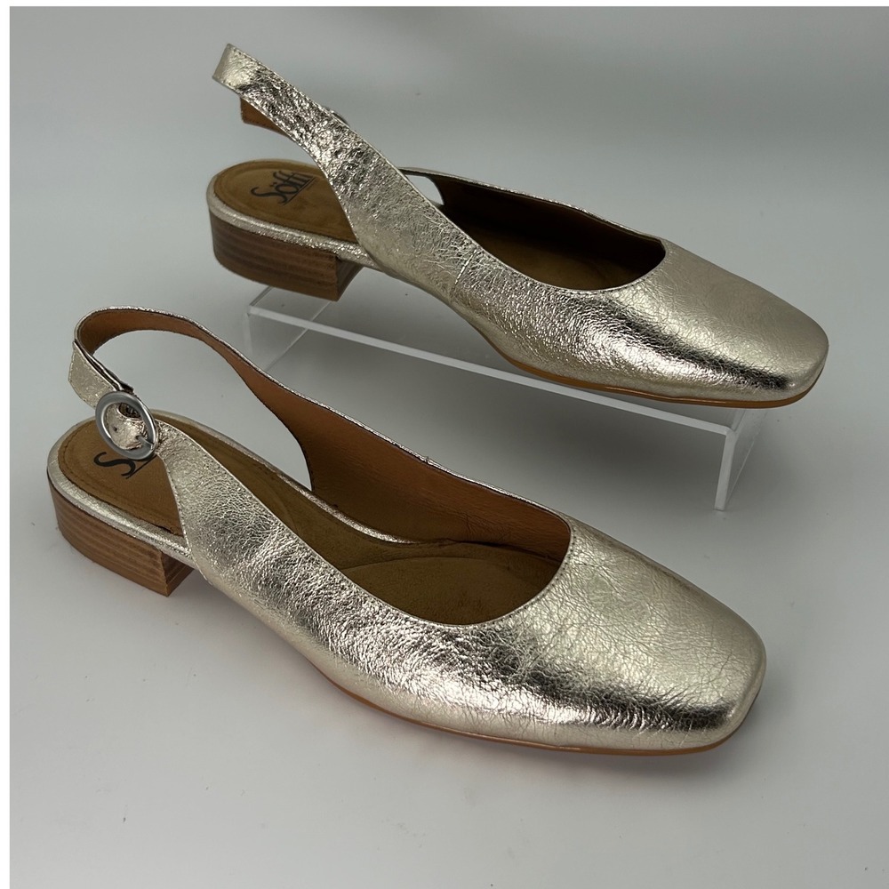Sofft Slingback‎ Flats Shoes Neutral Metallic Leather Square Toe Block Womens 8M